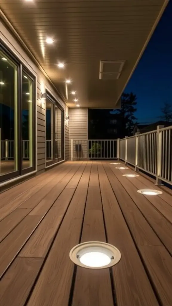 Recessed deck lighting illuminating a wooden deck at night
