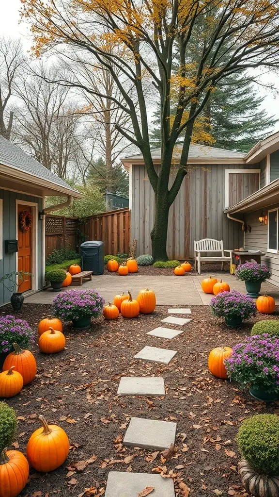 A square backyard decorated with pumpkins and flowers, showcasing seasonal appeal.