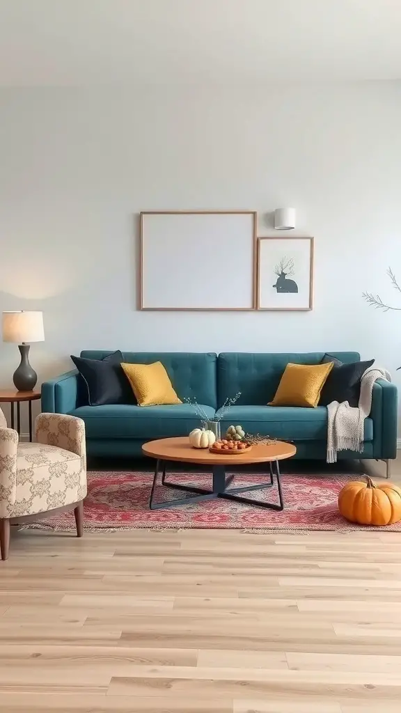 A cozy living room featuring a teal couch with seasonal decor ideas, including pumpkins and warm-toned pillows.