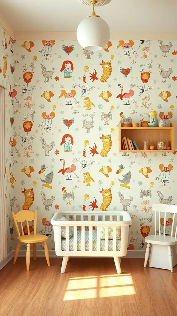 37+ Vintage Kids Room Ideas to Inspire Your Decor 5 A vintage kids room with whimsical wallpaper featuring playful animals and characters.