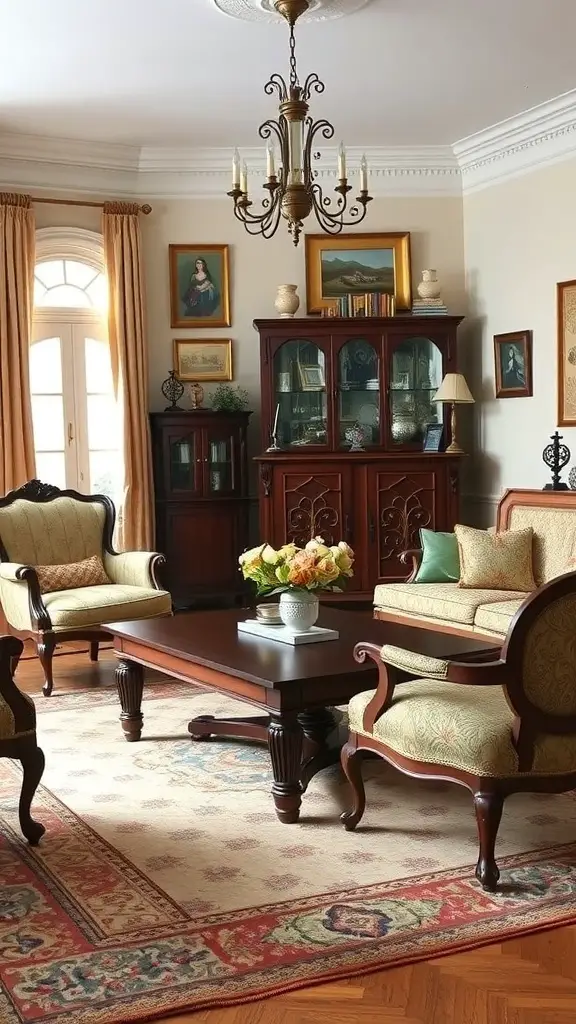 A cozy living room featuring antique furniture with a vintage chandelier and warm colors.