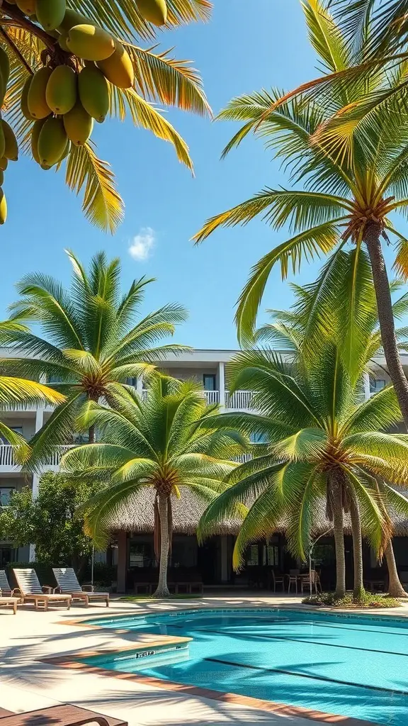 Tropical pool area with palm trees and mangoes