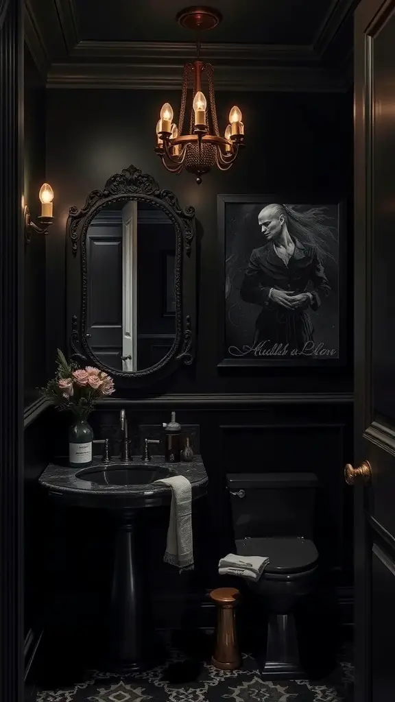 27+ Dark and Moody Powder Room Decor Ideas for a Chic Makeover 15 A dark moody powder room featuring dramatic artwork above the sink and a portrait on the wall.
