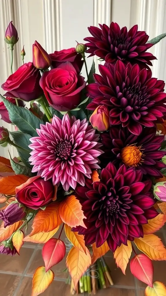 A bouquet featuring deep red roses, vibrant dahlias, and autumn leaves in shades of orange and yellow.