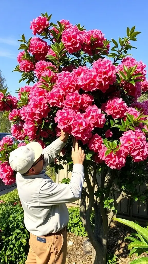 19+ Stunning Crepe Myrtle Landscaping Ideas to Transform Your Garden 9 A gardener tending to a vibrant landscape filled with blooming crepe myrtles.