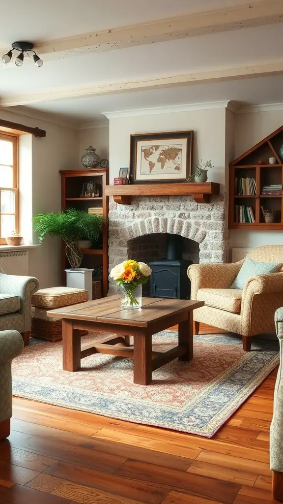 23+ Cozy English Cottage Living Room Ideas for a Warm Home Aesthetic 14 Cozy English cottage living room with rustic furniture, wooden coffee table, and stone fireplace