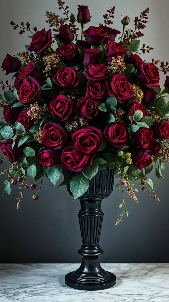 A lavish arrangement of deep red roses in a black vase, showcasing opulent Halloween decor.