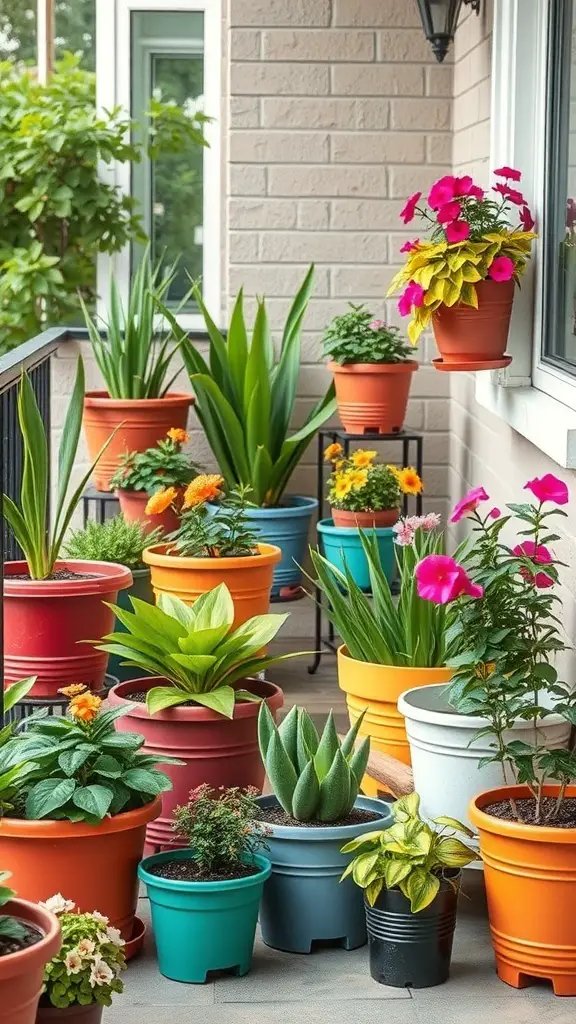 Colorful collection of potted plants in various sizes on a balcony.