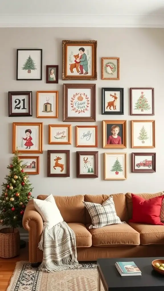 A cozy living room with a wall display of family photos and a small Christmas tree.