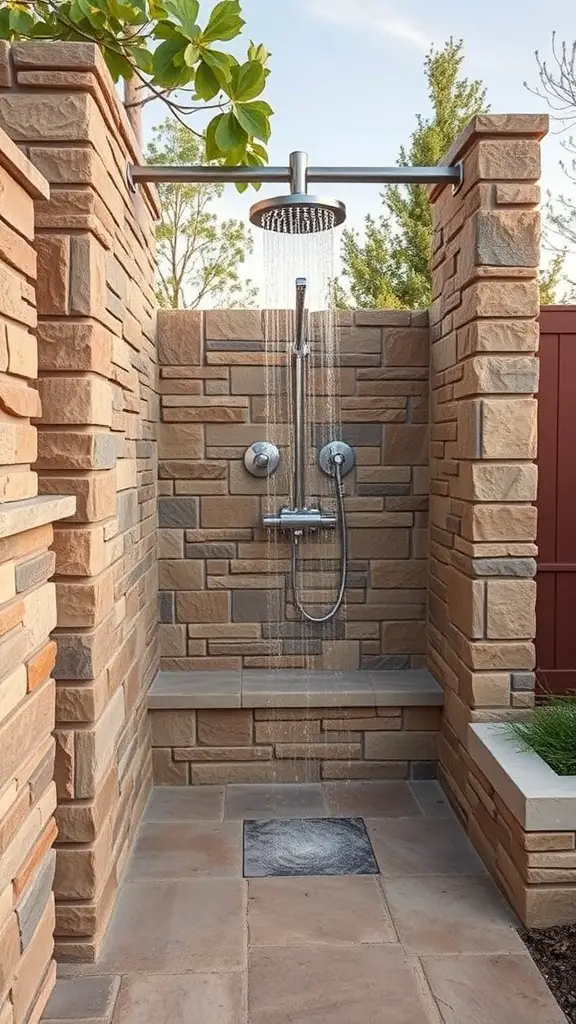 Outdoor shower with natural stone walls and modern fixtures