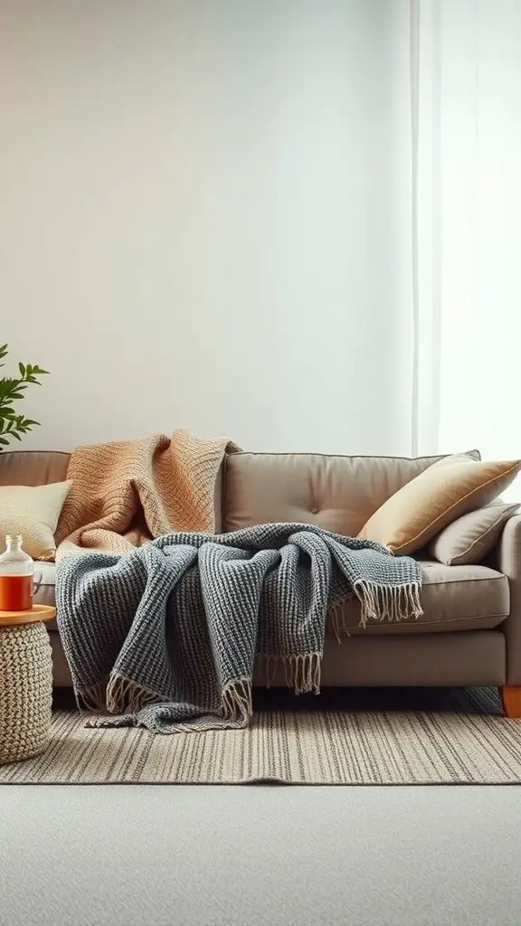 27+ Stunning French Country Living Room Inspirations 2 A cozy living room with a sofa covered in textured throws and cushions, showcasing a warm and inviting atmosphere.