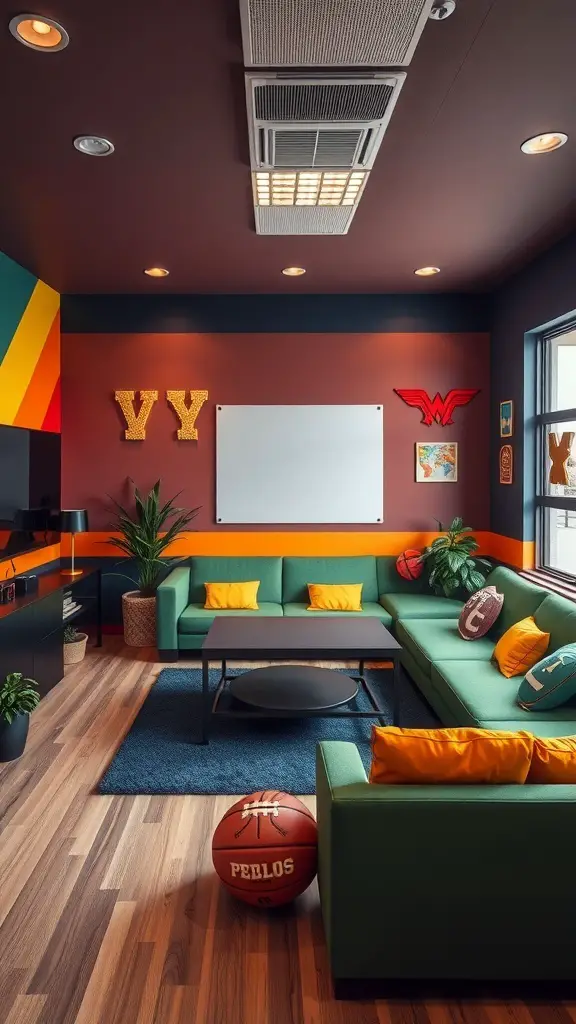 19+ Inspiring Sports Room Decor Ideas to Elevate Your Space 10 A sports-themed room featuring a green couch with yellow pillows, colorful wall decor, and a basketball on the floor.