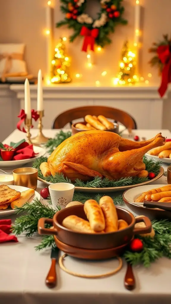27+ Festive Christmas Painting Ideas to Inspire Your Holiday Spirit 21 A festive holiday table with a golden turkey, bread rolls, and decorations.