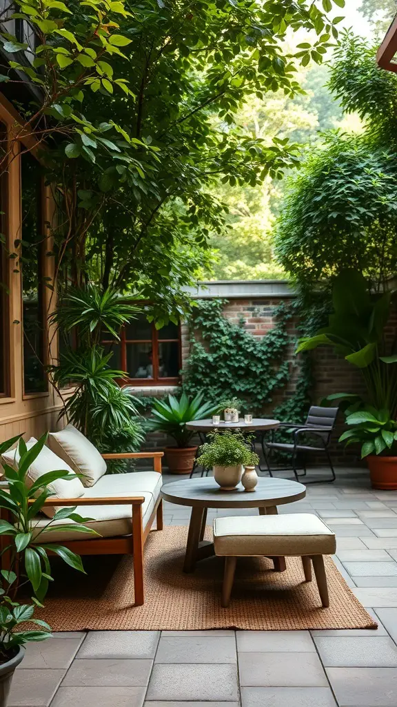Cozy outdoor retreat with comfortable seating and lush greenery