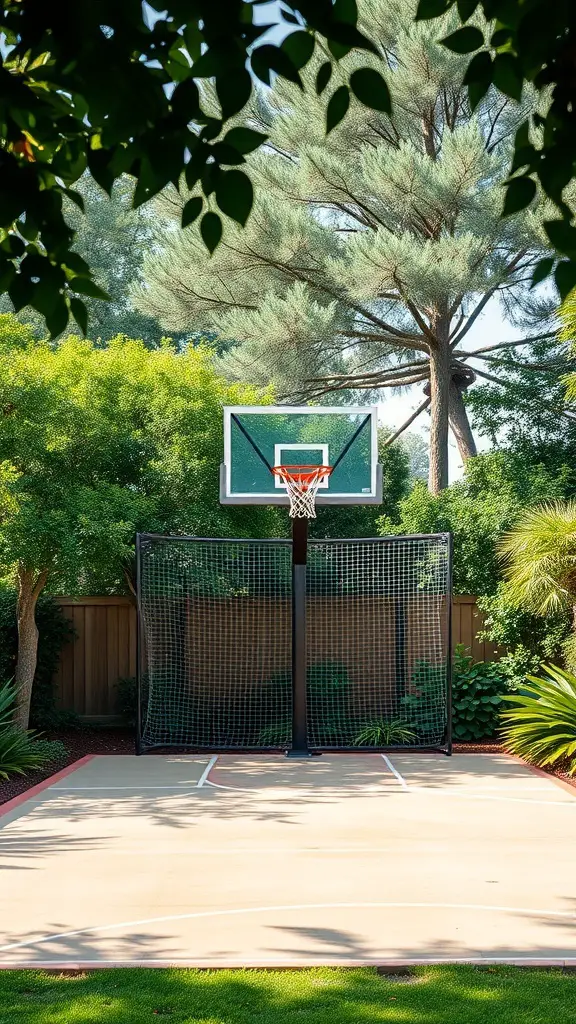 25+ Inspiring Backyard Basketball Court Ideas 4 A backyard basketball court surrounded by lush greenery and trees.