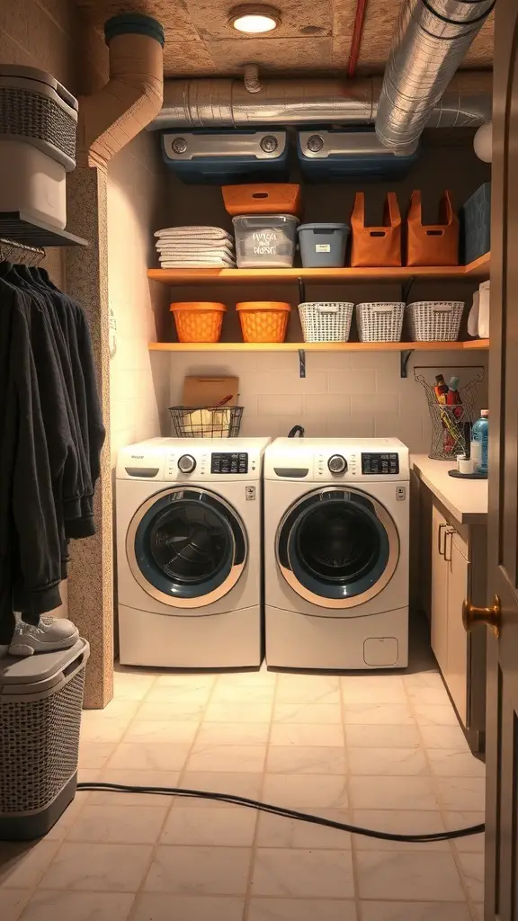 27+ Creative Open Basement Ideas You’ll Love 16 A laundry room featuring two washing machines, shelves with storage bins, and hanging space for clothes.