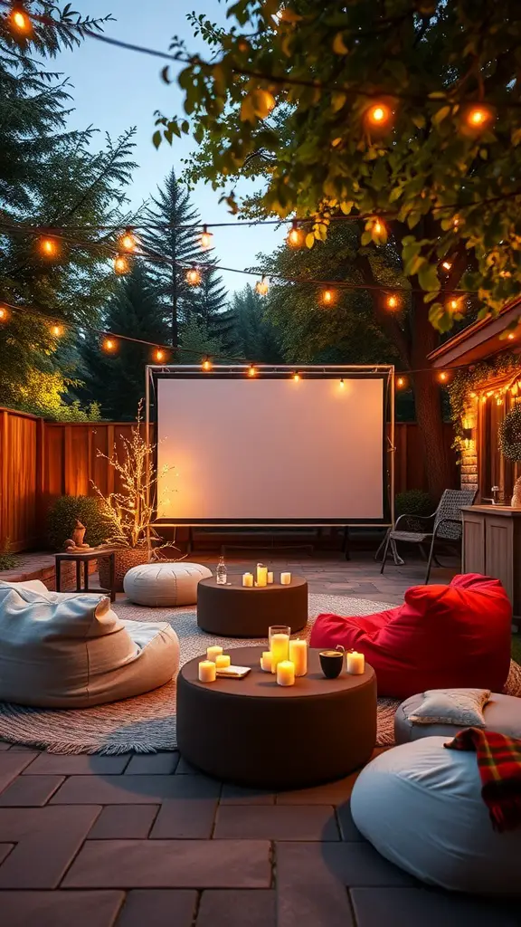 17 Stylish Patio Furniture Layout Ideas for Your Outdoor Space 2 Cozy outdoor movie night setup with bean bags, candles, and a projector screen.