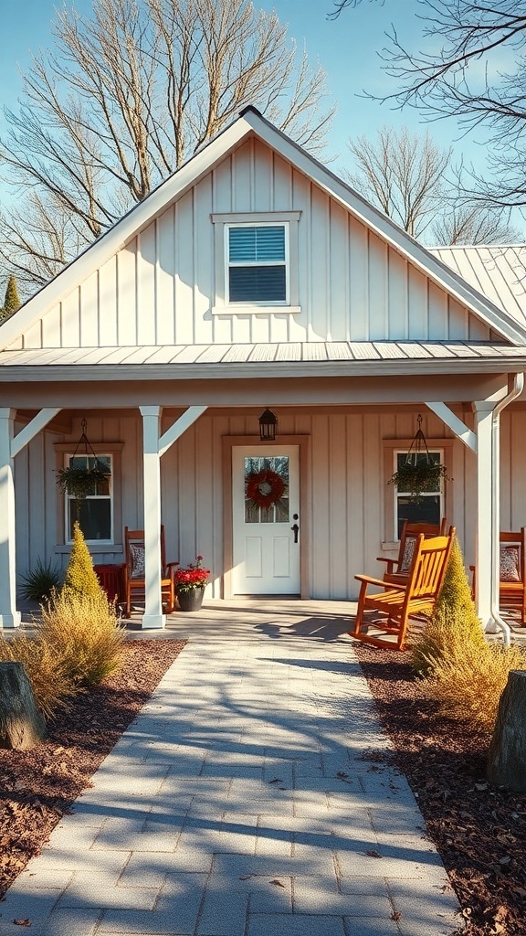 35+ Unique Pole Barn House Plans You'll Love 13 A pole barn house with a wrap-around porch, featuring rocking chairs and a welcoming entrance.