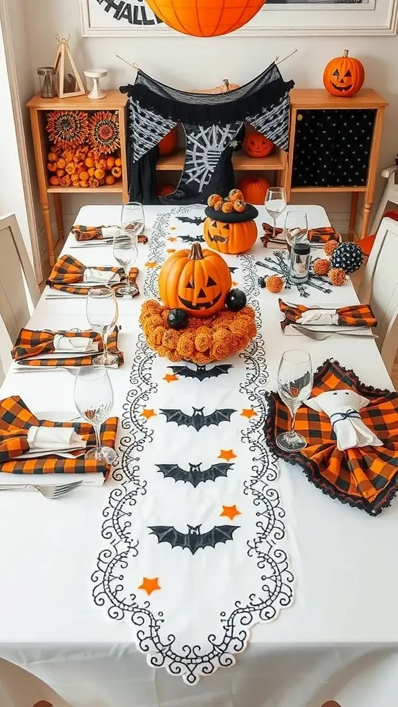 A Halloween-themed table setting with pumpkins, bats, and festive decorations.