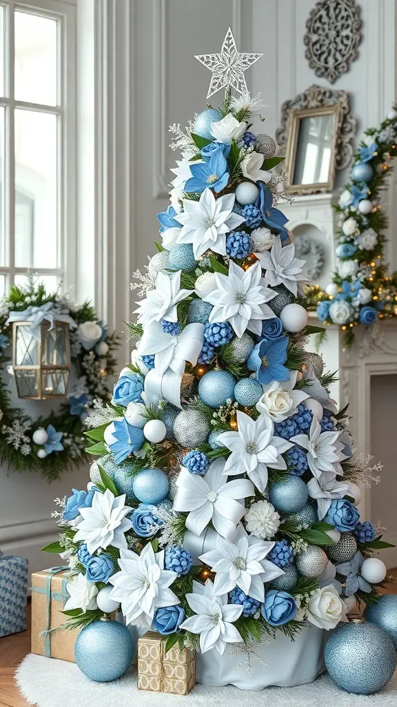 A beautifully decorated blue and white Christmas tree with floral accents and ornaments.