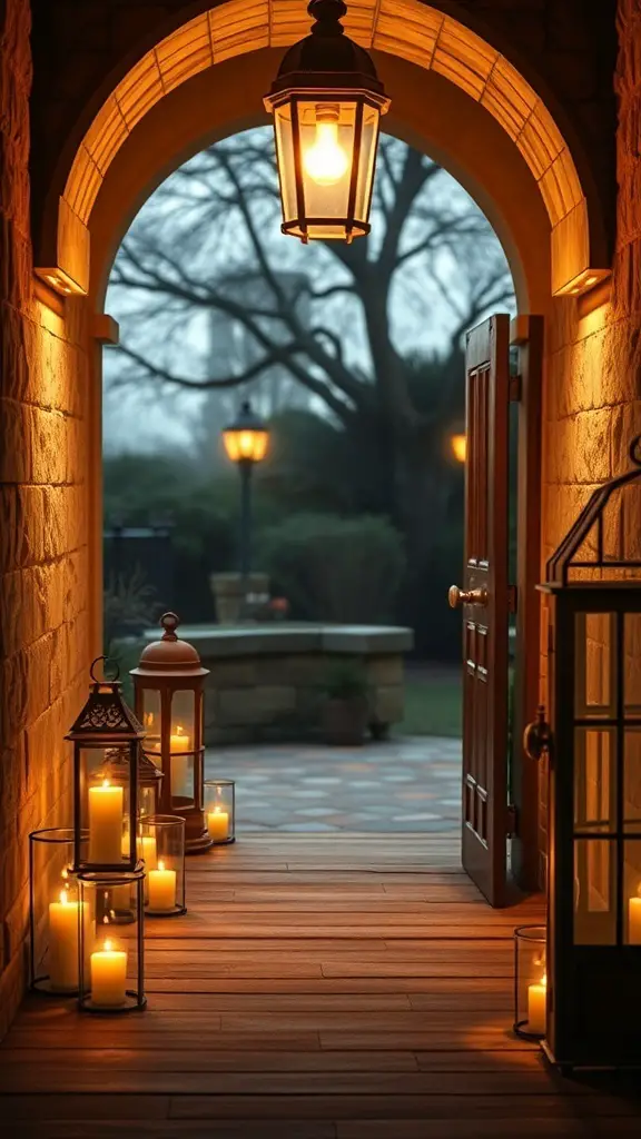 A cozy entryway with rustic lanterns and candles lighting the path.