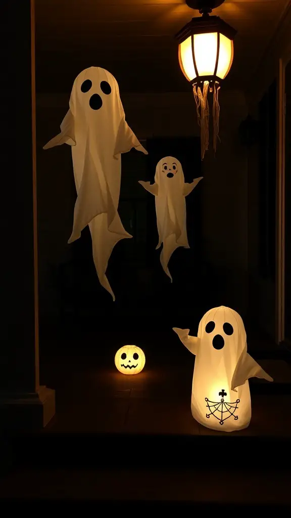 Three glowing ghost lanterns and a pumpkin lantern on a porch