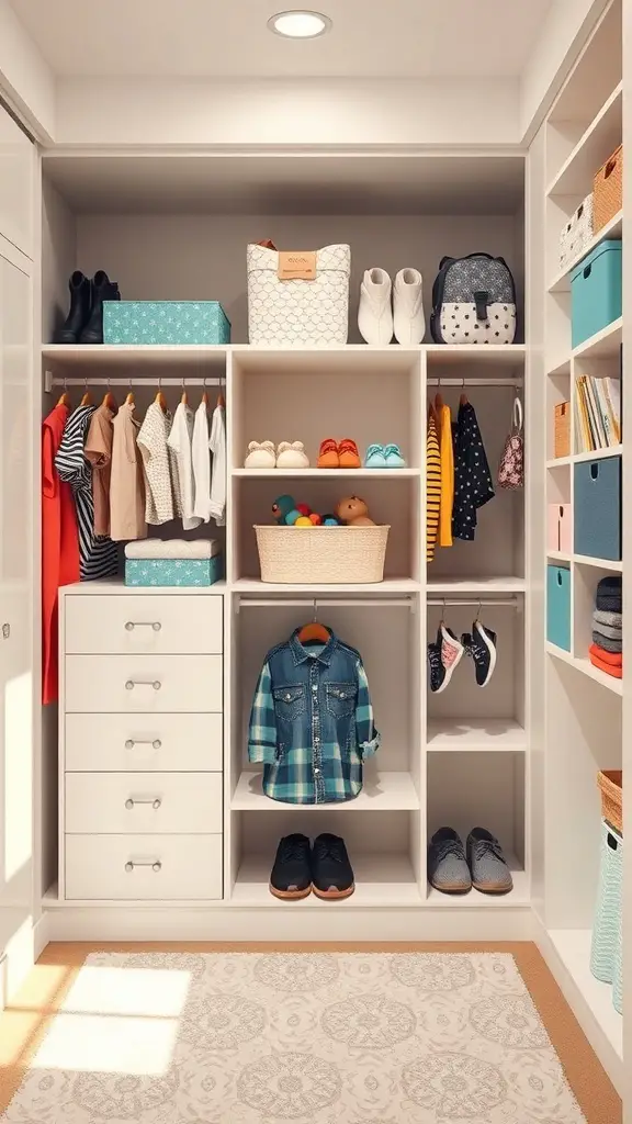Organized kids closet with adjustable shelving, colorful bins, and neatly arranged clothes and shoes.