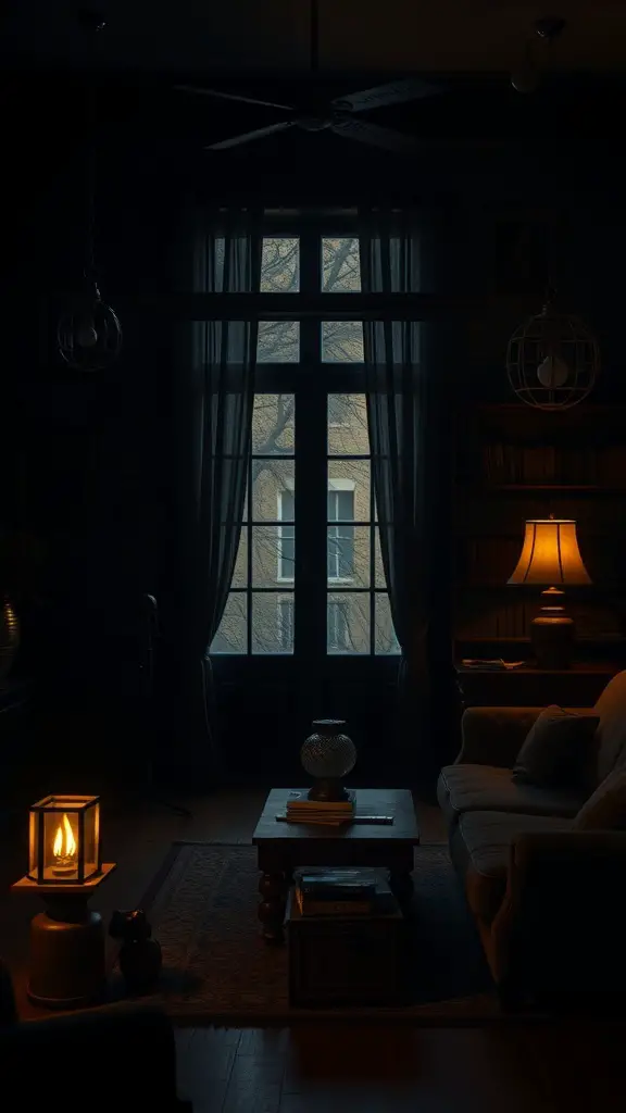 25+ Dark Academia Living Room Essentials You Need for a Cozy Aesthetic 2 A dimly lit living room with a warm lamp and lantern, dark curtains, and a cozy seating area.