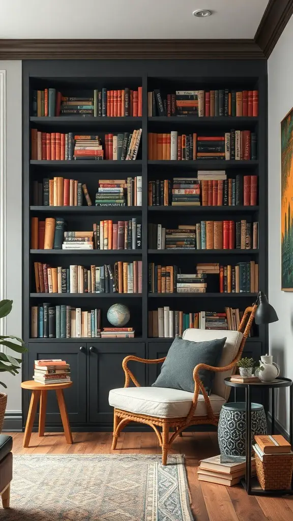 A cozy living room with a dark bookshelf filled with colorful books, a comfortable chair, and a warm atmosphere.