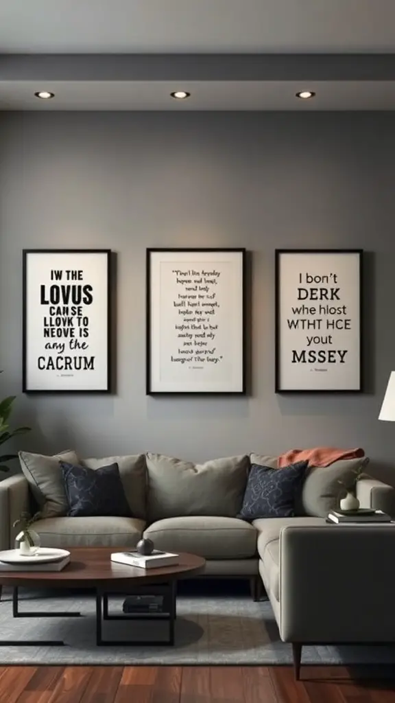 25+ Dark Academia Living Room Essentials You Need for a Cozy Aesthetic 15 A cozy dark academia living room with a sofa, coffee table, and framed literary quotes on the wall.