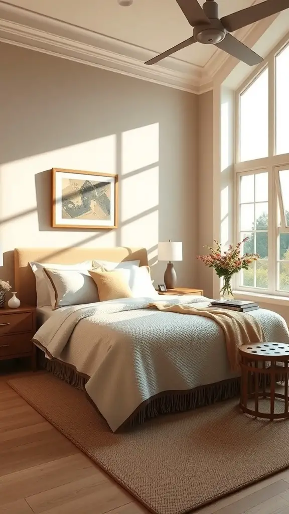 25+ Stunning Ralph Lauren-Inspired Interior Design Ideas 7 A cozy bedroom with neutral tones, large windows, and natural light.