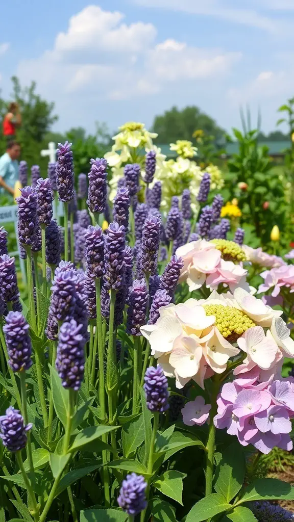 21+ Stunning Lavender and Hydrangea Landscaping Ideas to Transform Your Garden 7 A vibrant garden featuring lavender and hydrangea flowers in full bloom.
