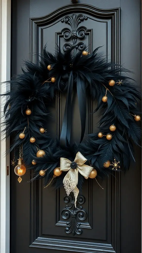 A black feather wreath adorned with golden ornaments and a decorative bow, hanging on a dark door.