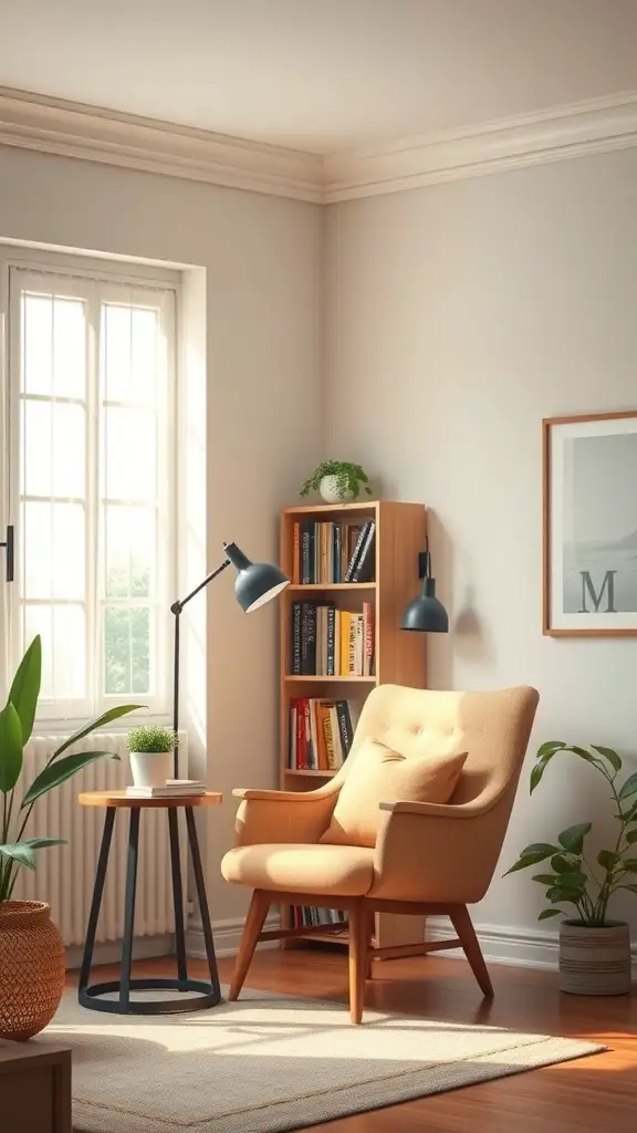 27+ Stunning Small Living Room and Dining Area Combinations 16 Cozy reading corner with a comfortable chair, side table, lamp, and bookshelves.