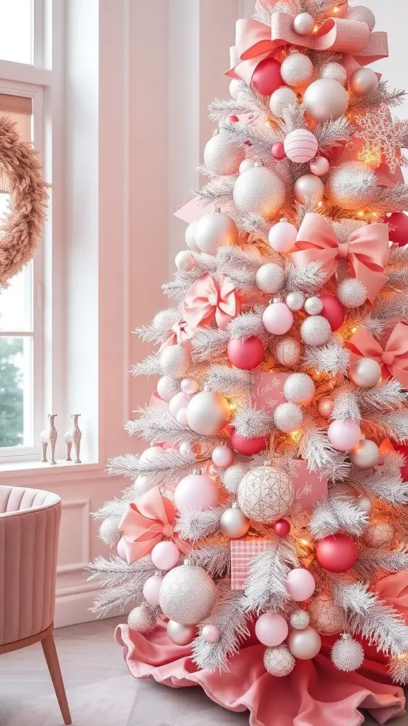 31+ Pink Christmas Tree Ideas to Brighten Your Holiday Décor 21 A beautifully decorated pink and silver Christmas tree with ornaments and ribbons, set in a cozy room.