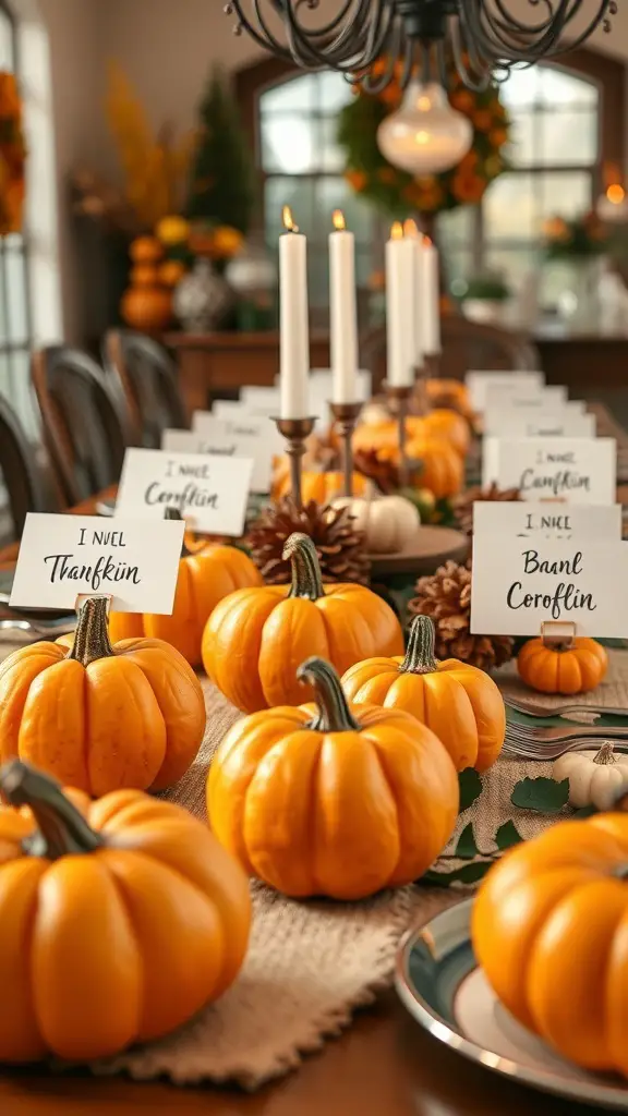 A beautifully set Thanksgiving table with small pumpkins as place cards, each labeled with a guest's name.