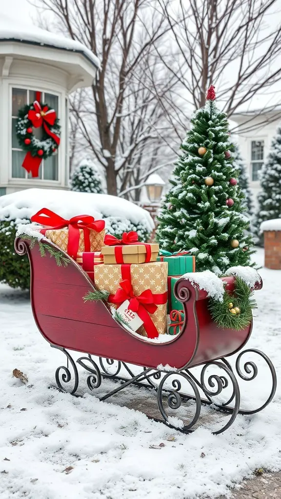 A red sleigh filled with gifts in a snowy yard, surrounded by a decorated tree and festive decorations.