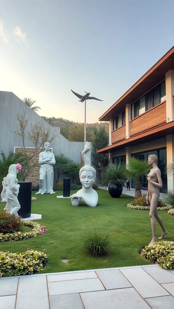 A square backyard featuring various outdoor sculptures surrounded by lush greenery and colorful flowers.