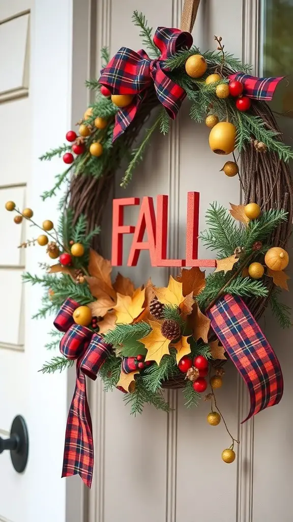 A fall wreath with plaid ribbons, golden ornaments, red berries, and autumn leaves, featuring a 'FALL' sign.