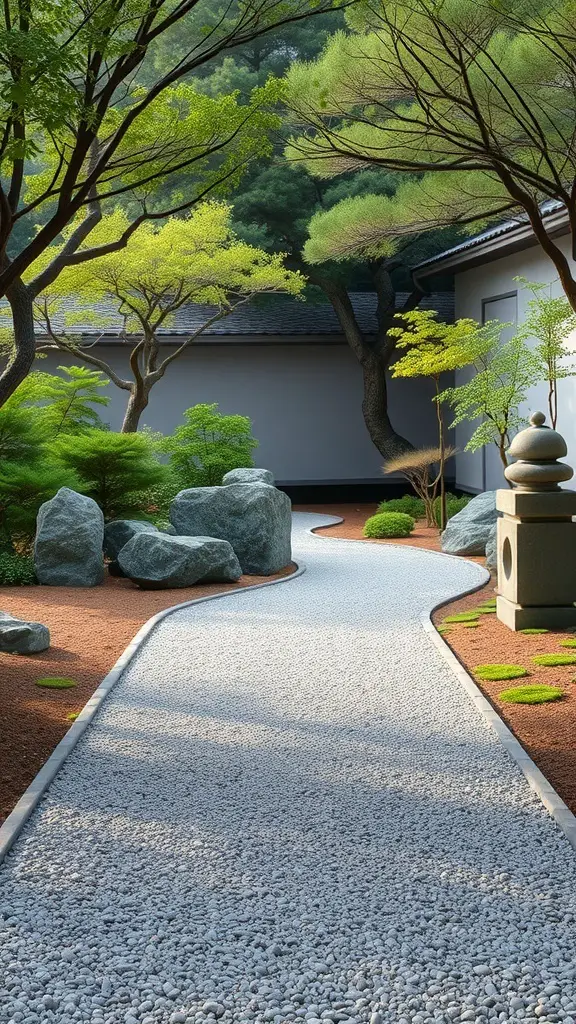 23+ Creative Garden Path Ideas for a Stunning Outdoor Journey 16 A serene Zen garden path made of raked gravel, surrounded by lush greenery and rocks.