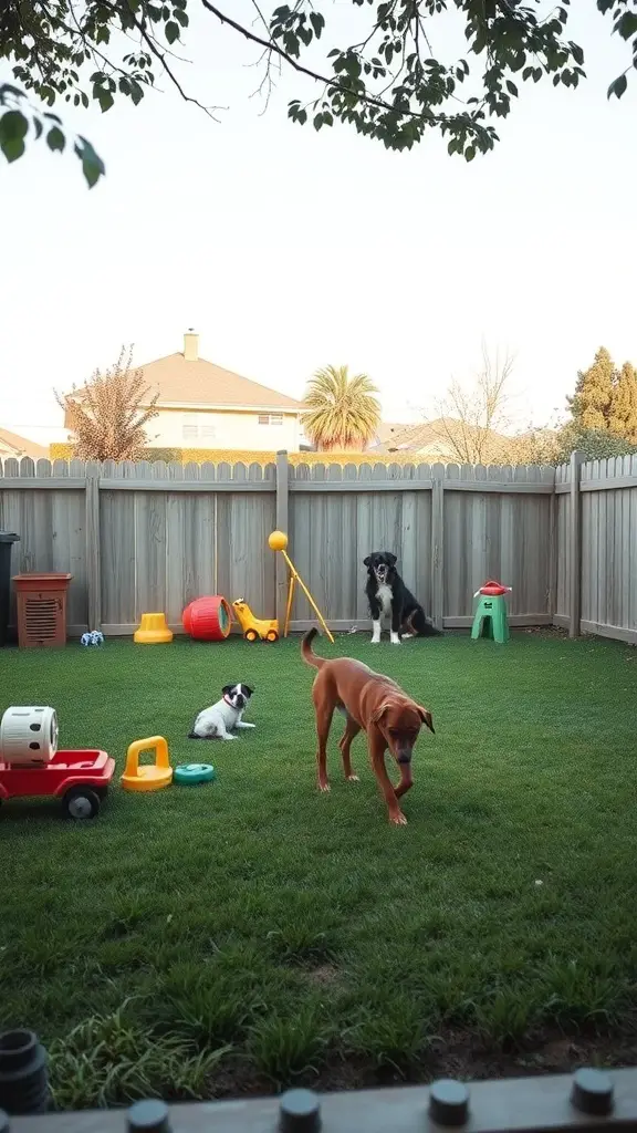 A fenced backyard with dogs playing and various toys scattered around.