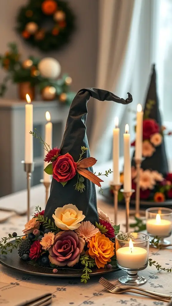 Elegant witch hat centerpieces with flowers and candles on a dining table
