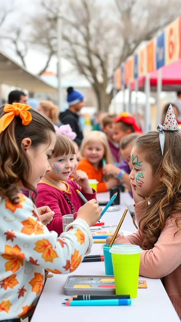 Children enjoying face painting at a fall festival booth.