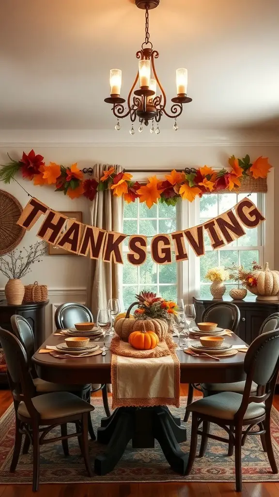 A cozy dining room decorated for Thanksgiving with a personalized banner and autumn leaves.