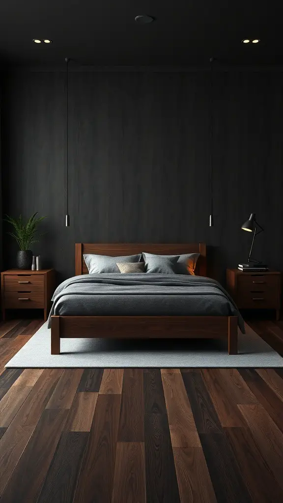 A modern bedroom featuring dark wood furniture, including a bed frame and nightstands, with dark walls and flooring.