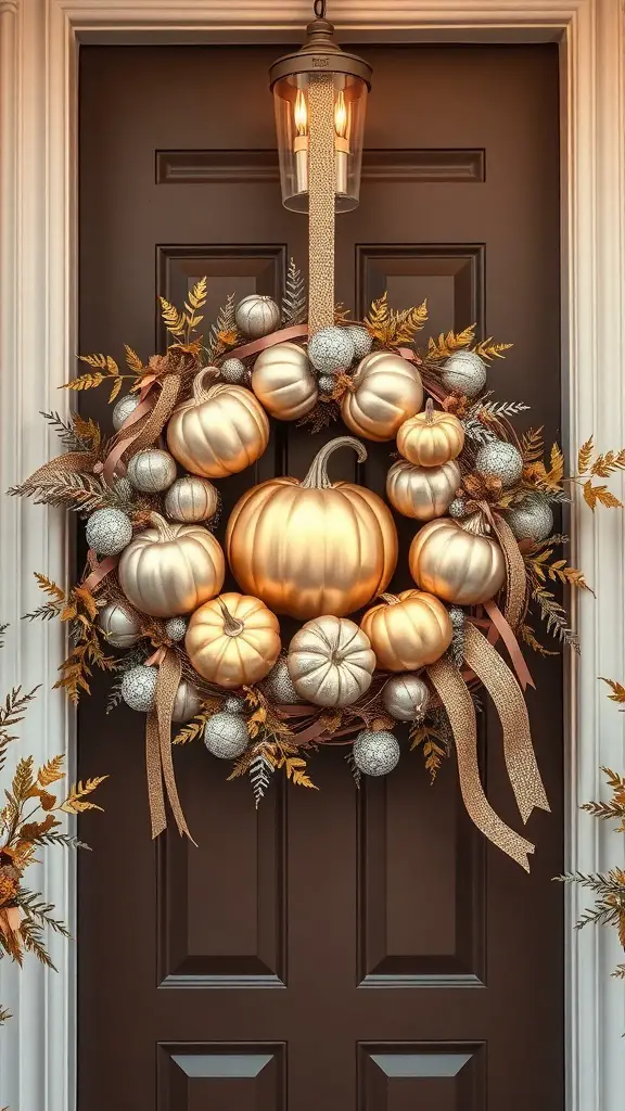 A glamorous metallic pumpkin wreath featuring gold and silver pumpkins, ribbons, and ornaments, hanging on a dark door.