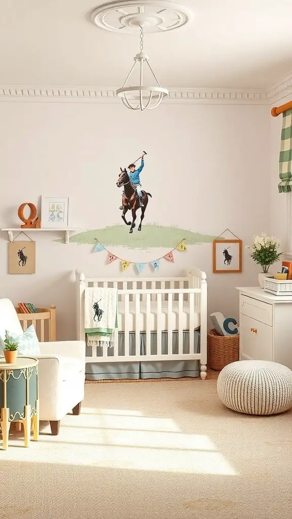 27+ Stunning Ralph Lauren Nursery Ideas for Your Little One 6 A stylish Ralph Lauren nursery with a polo theme, featuring a mural of a polo player, a white crib, and playful decor.