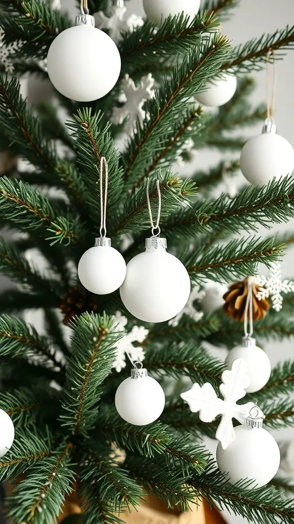 27+ Stunning Christmas Tree Décor Ideas You’ll Love 6 A Christmas tree decorated in a minimalist Scandinavian style with white ornaments and pinecones.