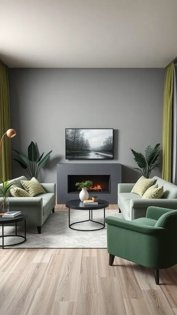 27+ Stunning Grey and Green Living Room Ideas 5 A modern living room featuring grey walls, green furniture, and plants