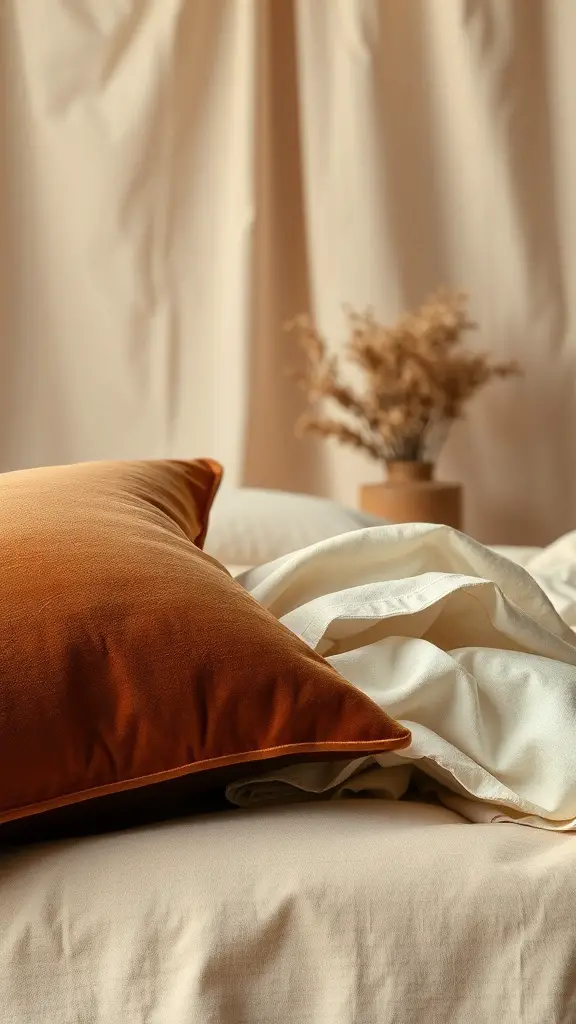 31+ Inspiring Brown and Cream Bedroom Decor Ideas 6 A cozy arrangement of brown and cream bedding with a burnt orange pillow and dried flowers in a vase.